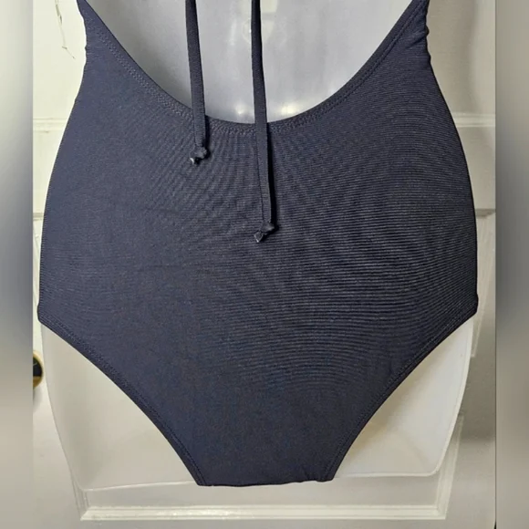 Express Black Halter Swimsuit W/Hip & Chest Cutouts Low CrissCross Back Sz S - Picture 8 of 8